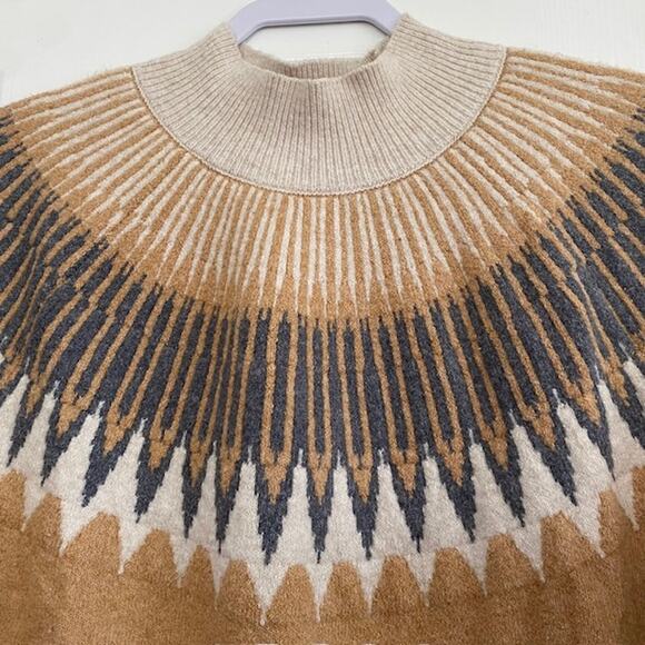 Loft Fair Isle Mock Neck Sweater Women's XL Brown Tan Gray Cream Cozy Winter - Picture 3 of 8